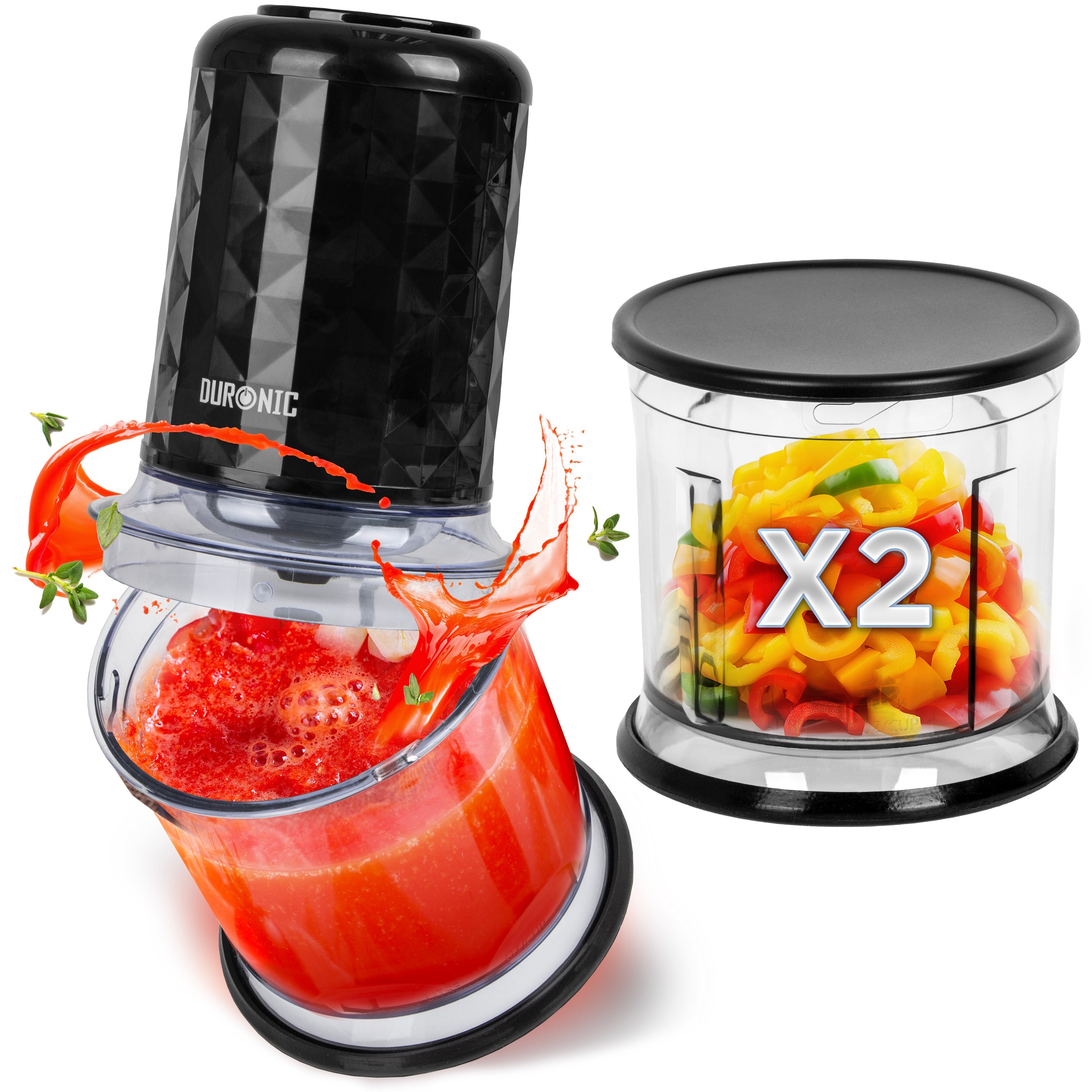 Duronic CH57 BK mini food chopper with sauce and peppers in the 2 bowls provided