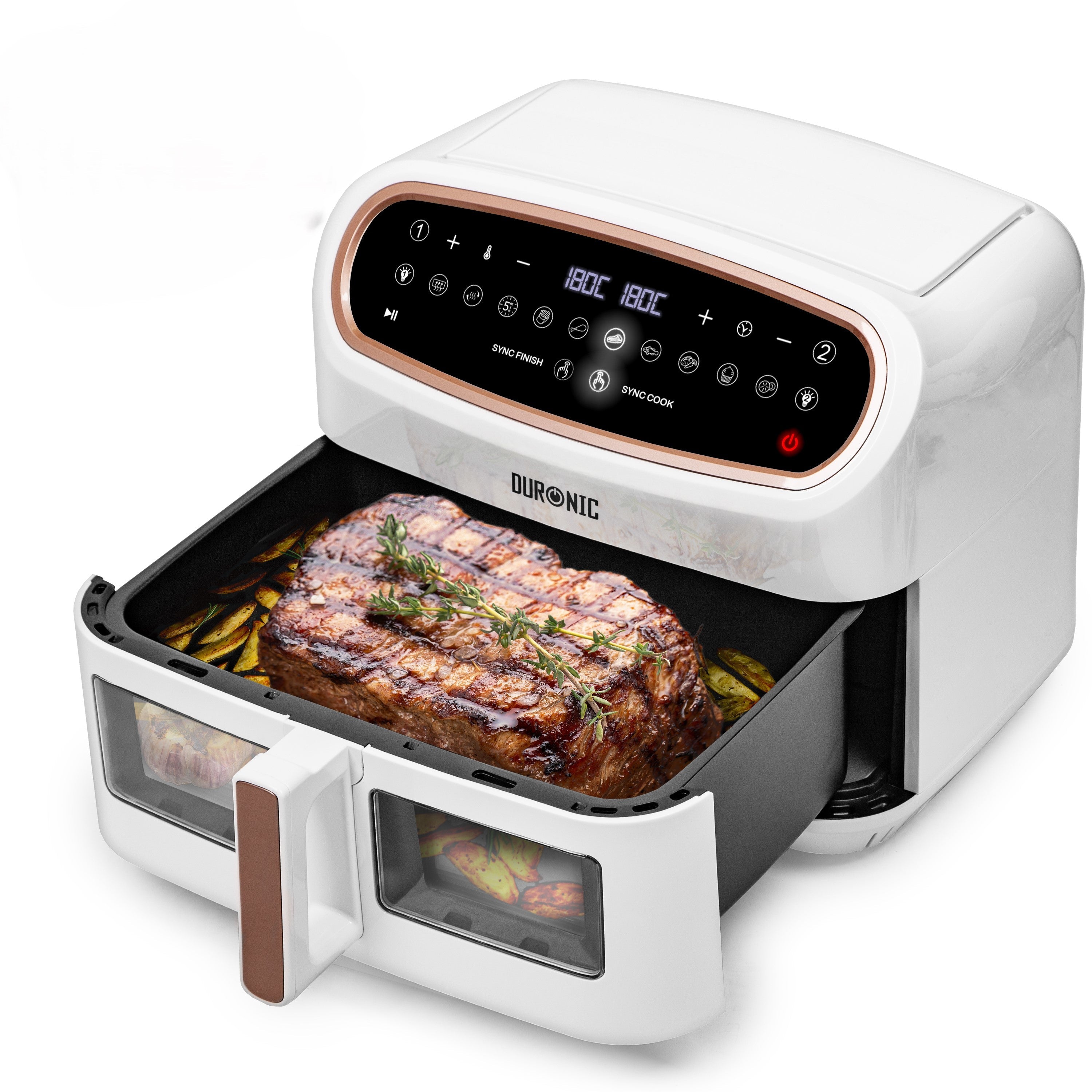 Duronic AF34 WE white dual air fryer cooking steak in large drawer