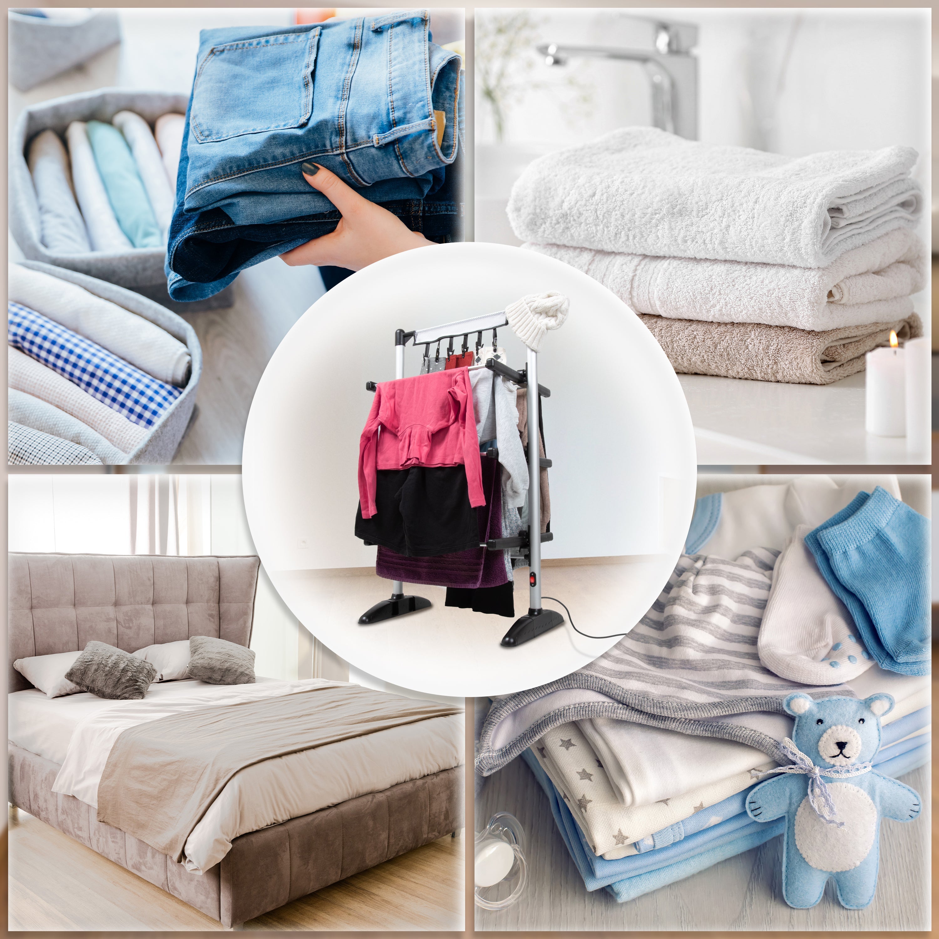 Duronic CA20 BK electric clothes airer showing different uses for drying clothes, towels, sheets and more