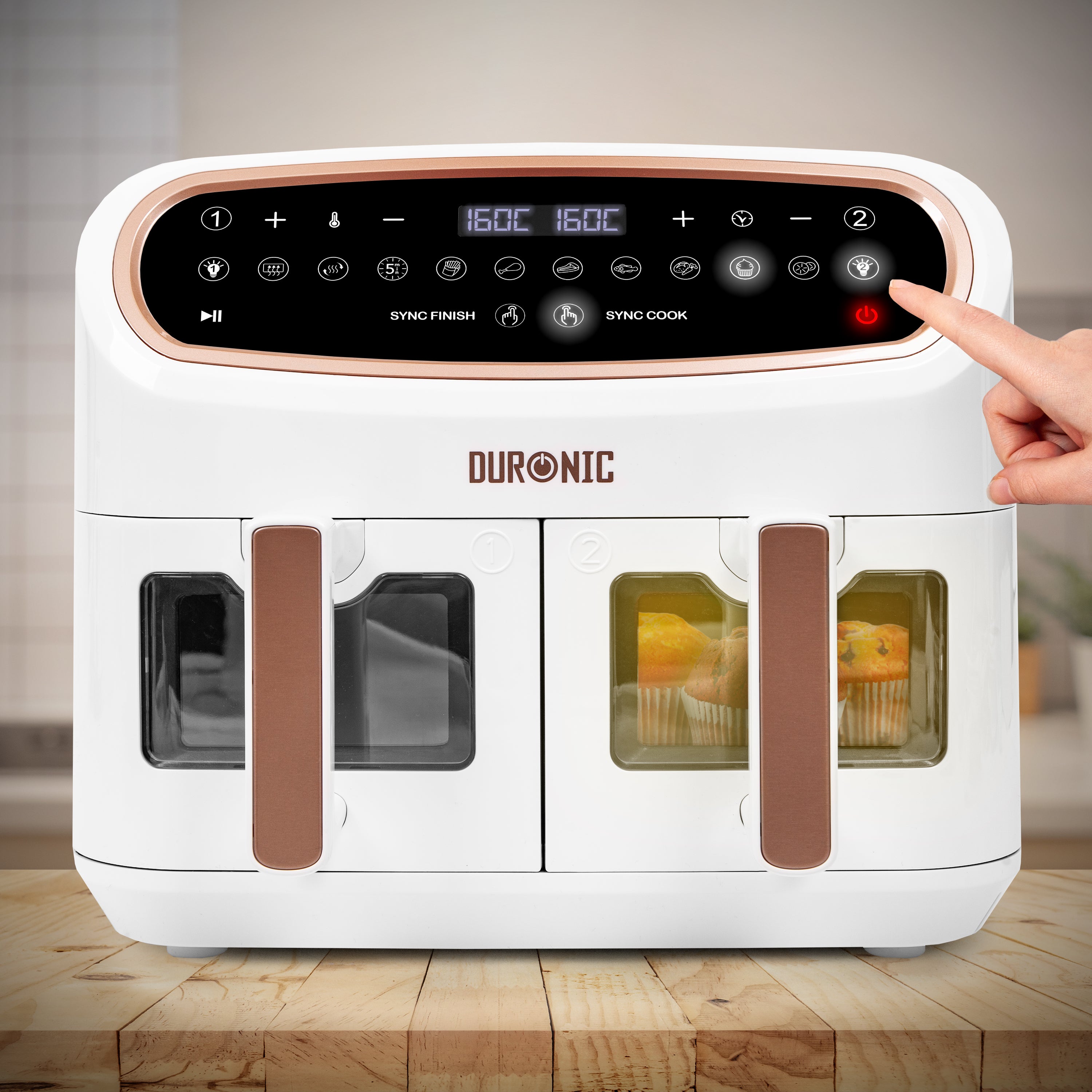 Duronic AF34 WE triple drawer air fryer showing presets and visual windows cooking food