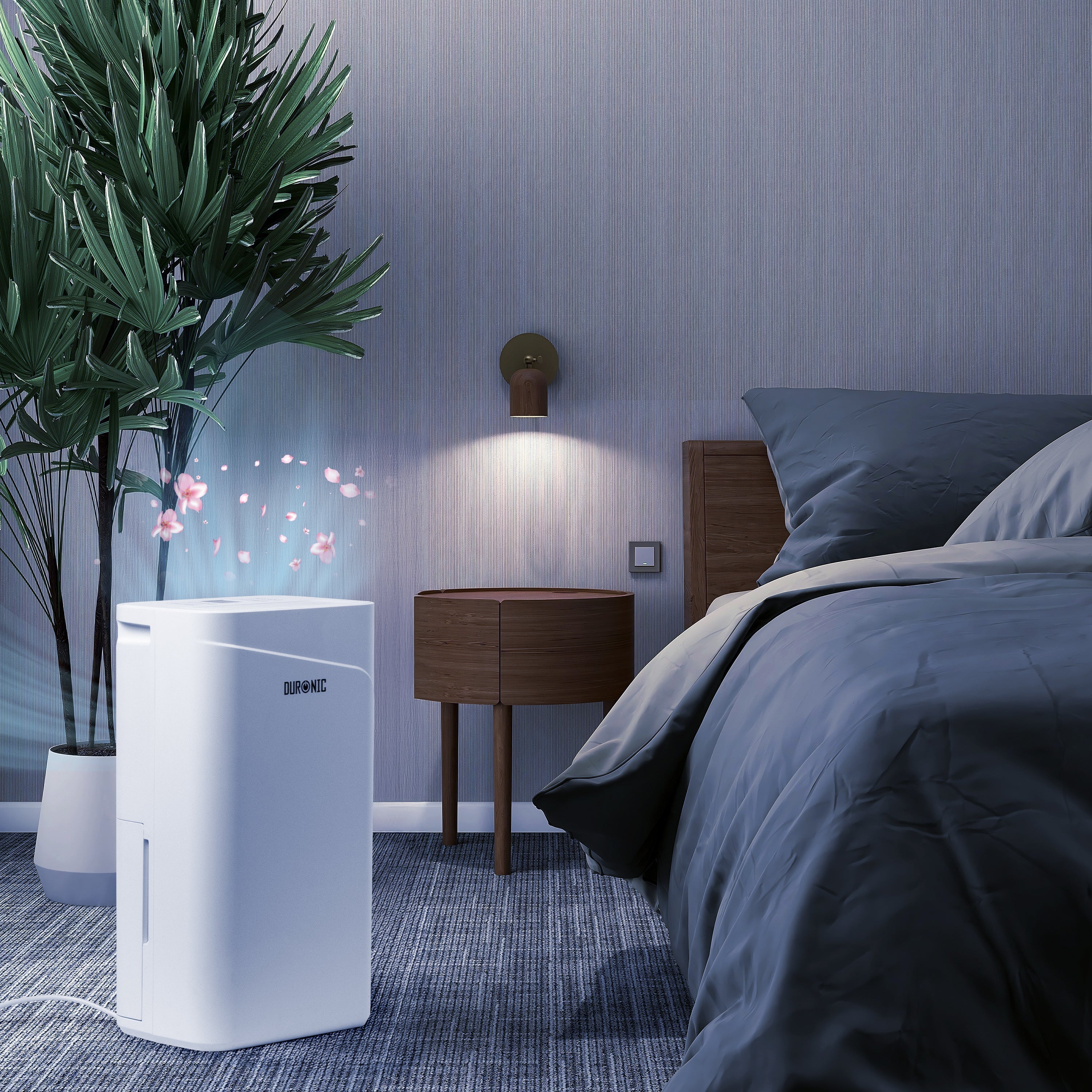 Duronic DH201 dehumidifier in use beside bed to improve sleep quality