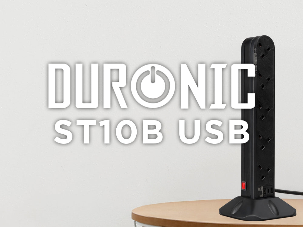 Duronic ST10B surge protected extension lead multi plug adapter placed on a wooden table