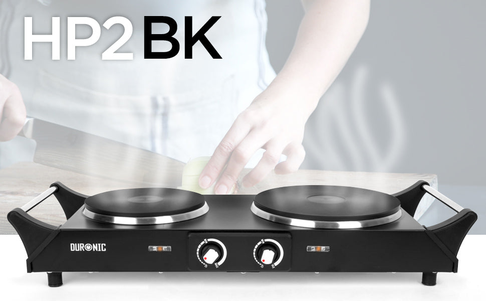 Duronic HP2 BK twin hot plate ready to cook food shown in background