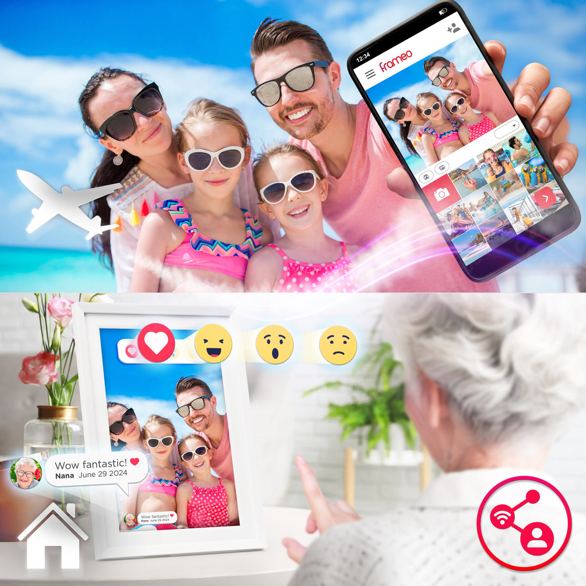 Wi-Fi digital photo frame displaying family holiday photos shared from a smartphone, allowing grandparents to enjoy precious memories at home.