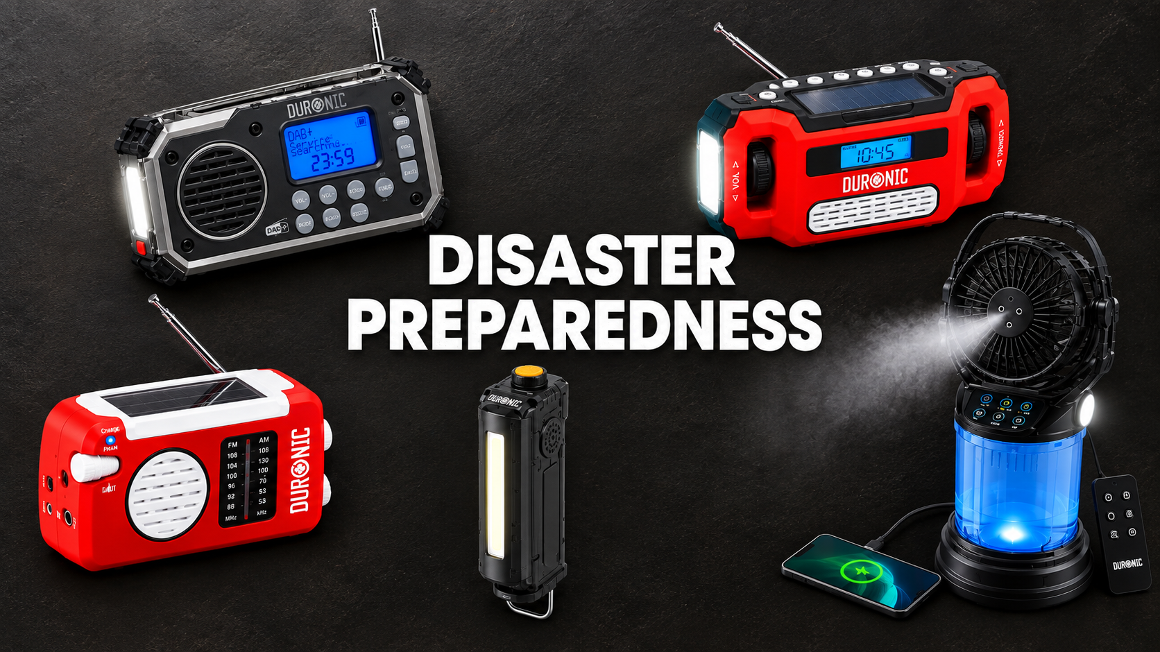 Emergency kit to prepare for disasters using Duronic products