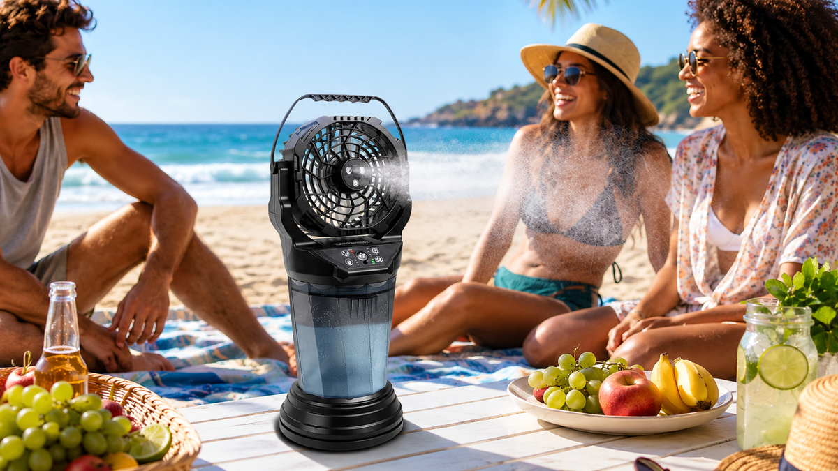 Duronic FM6 mist fan cooling friends on a hot summer day at the beach