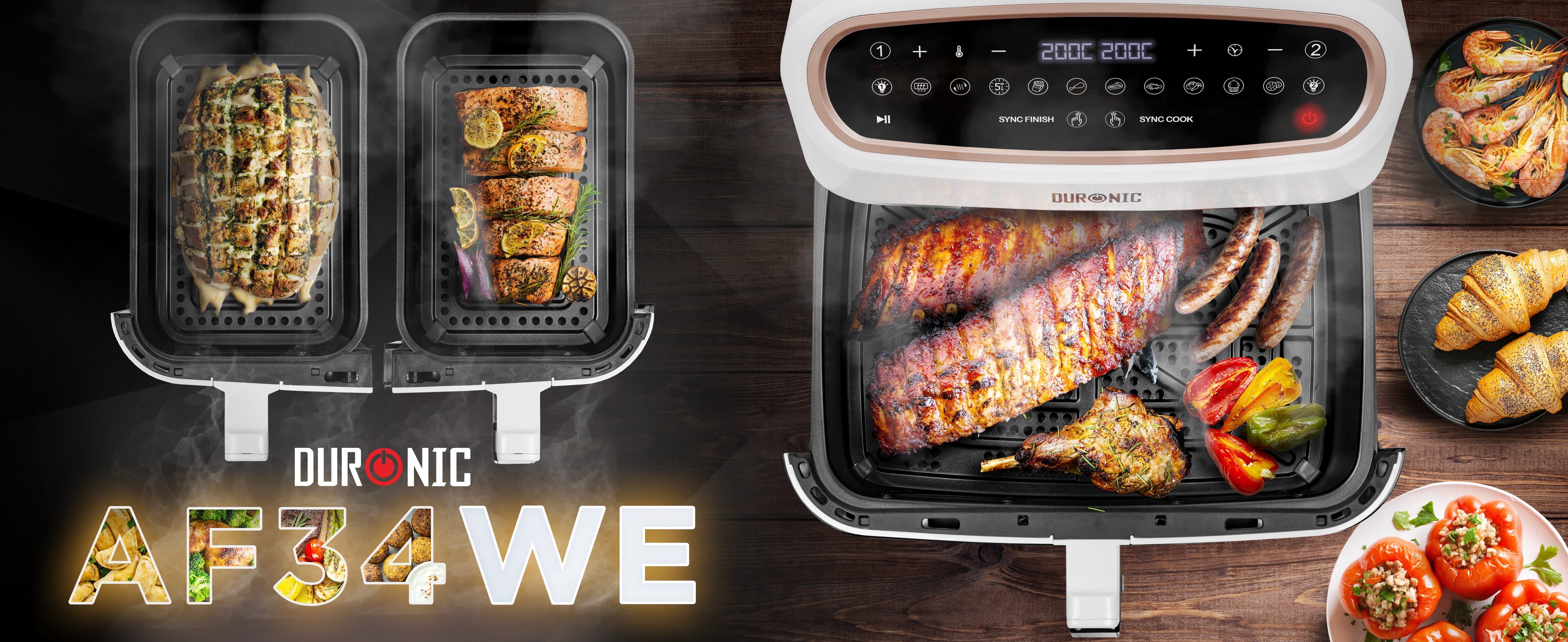 Duronic AF34 triple drawer air fryer cooking meat, fish, vegetables