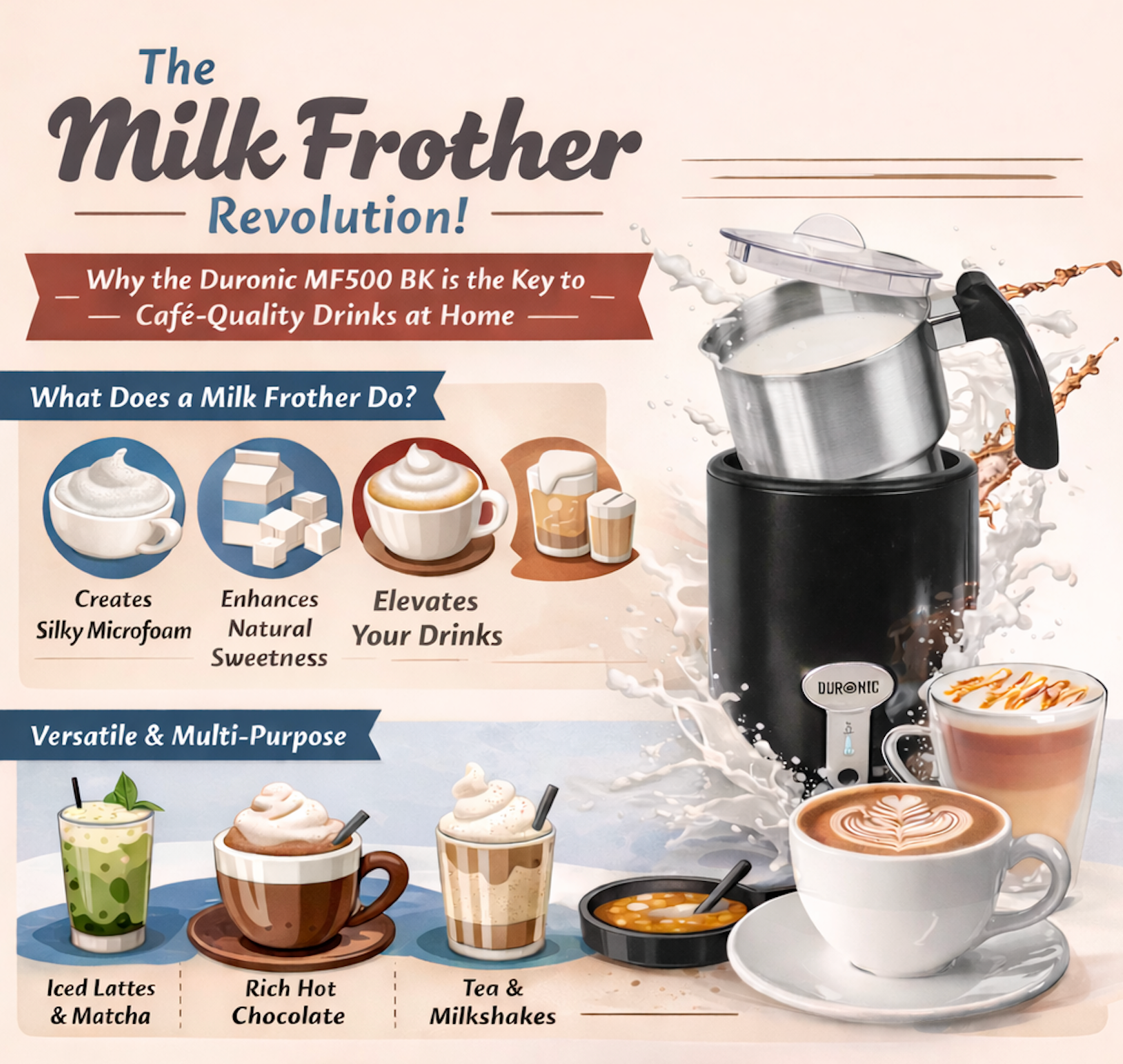 Duronic MF500 BK electric milk frother with various uses and benefits