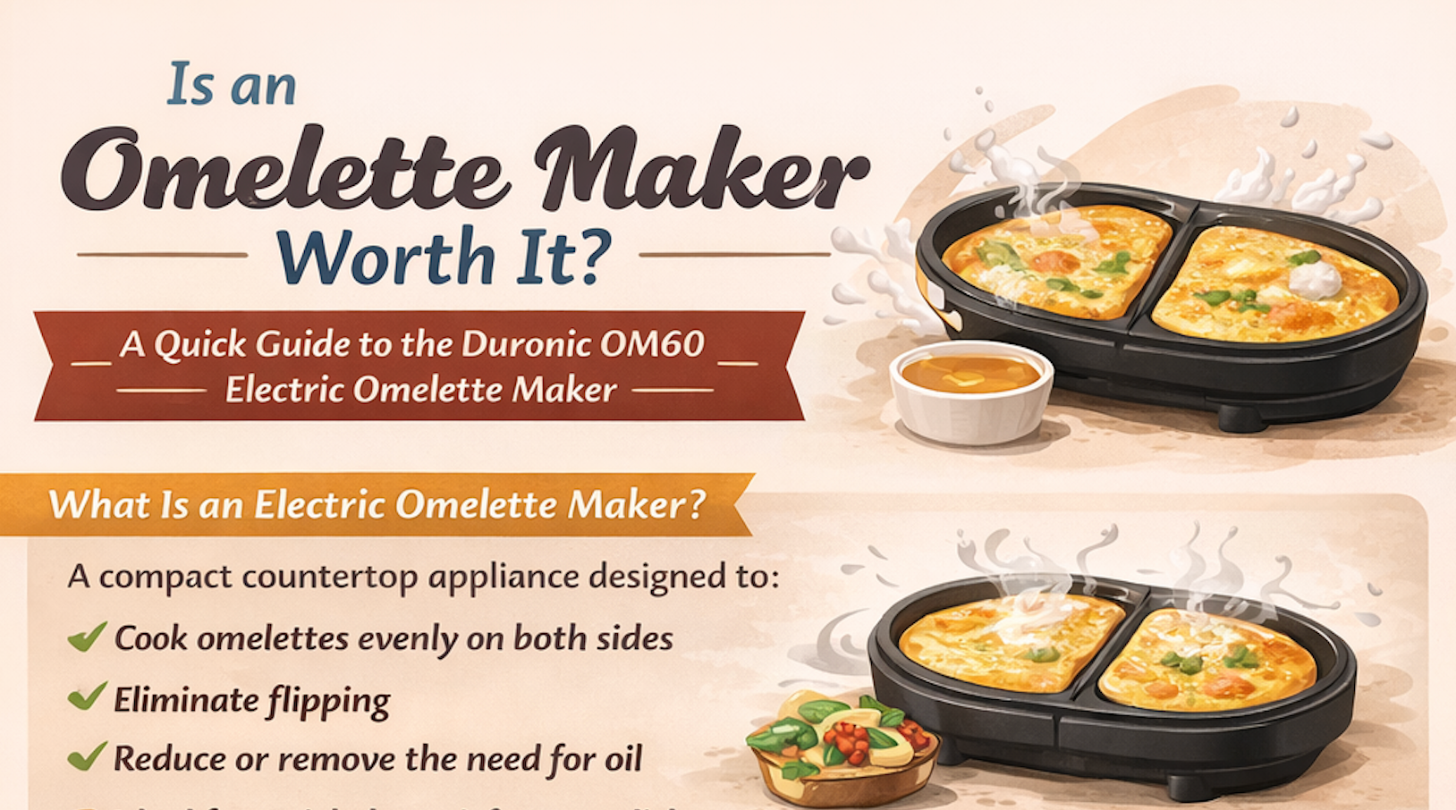 Duronic OM60 electric omelette cooker showcasing what it is designed to do