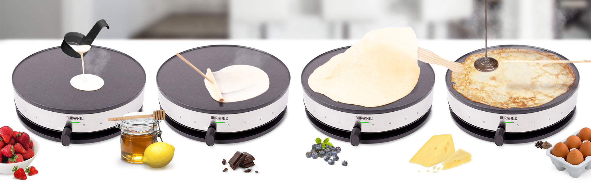 Duronic PM131 electric crepe maker showing a how-to for delicious crepes