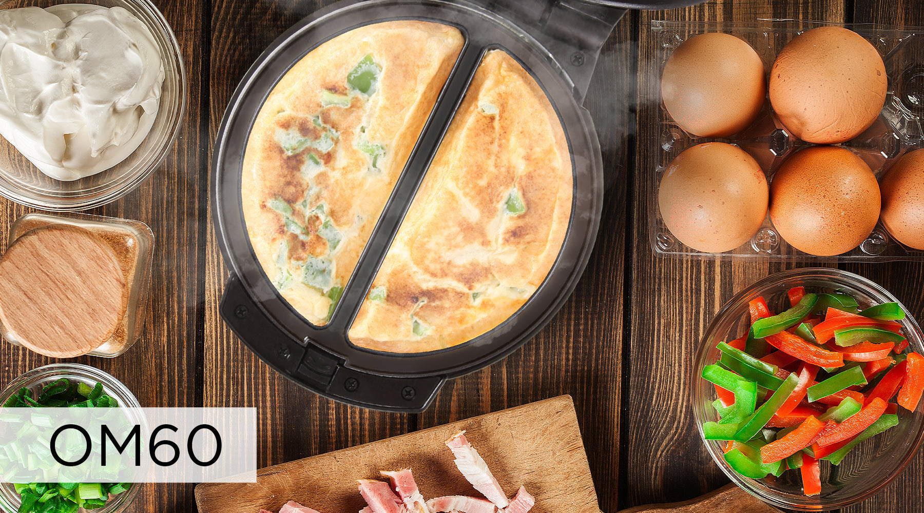 Duronic OM60 electric omelette maker cooking delicious omelette with ingredients