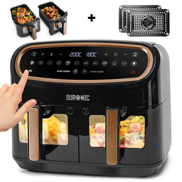Duronic XXL Digital Air Fryer AF24 BG 10L Family Size Air Fryers Double Drawer 10in1 Dual Zone Extra Large AirFryer with Window for Cooking with Dishwasher Safe Non-Stick Baskets Black & Gold
