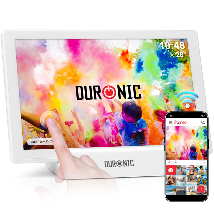 Duronic Digital Photo Frame PF1D WE Frameo 10.1โ Electronic Photo Album 800x1200 WiFi Photoframe Tablet with Phone App Touchscreen Video Player Picture Frame for Birthday Engagement Gifts Family White
