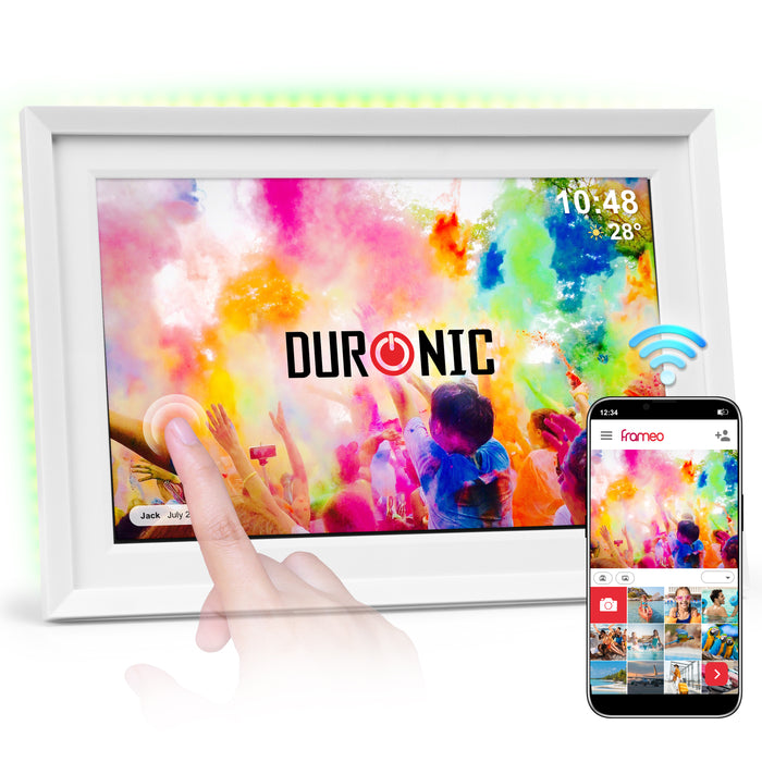 Duronic Digital Photo Frame PF2A WE Frameo 10.1” Electronic Photo Album 800x1200 WiFi Photoframe with Phone App Touchscreen Video Player White Picture Frame for Birthday Engagement Gifts Family