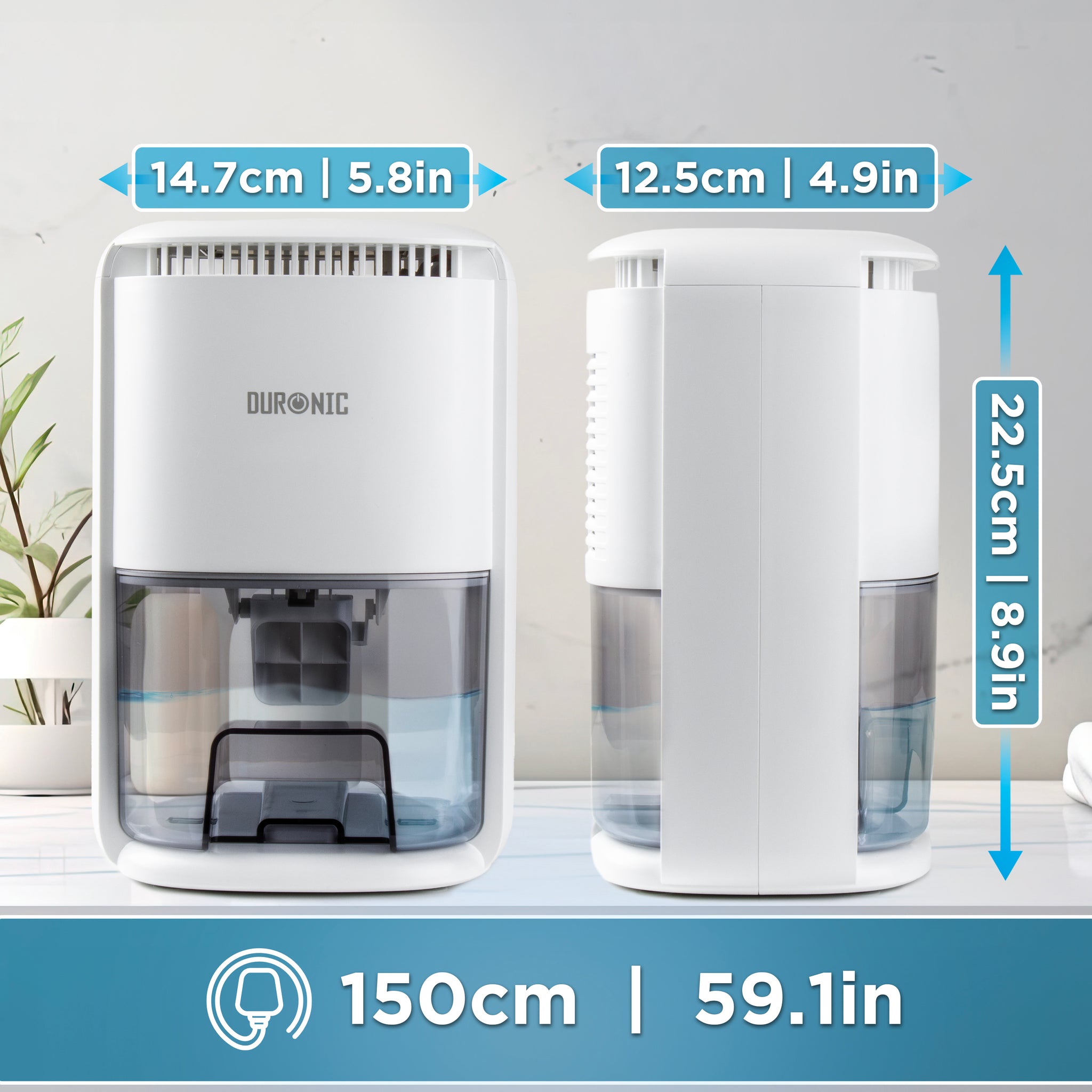 Duronic DH07 WE Mini Dehumidifier, 22.5W Compact Dehumidifier, Automatic Moisture Remover with 1L Tank Capacity, Quiet Home Dehumidifiers for Dust Allergies Asthma & Damp, Bedroom and Bathroom White
