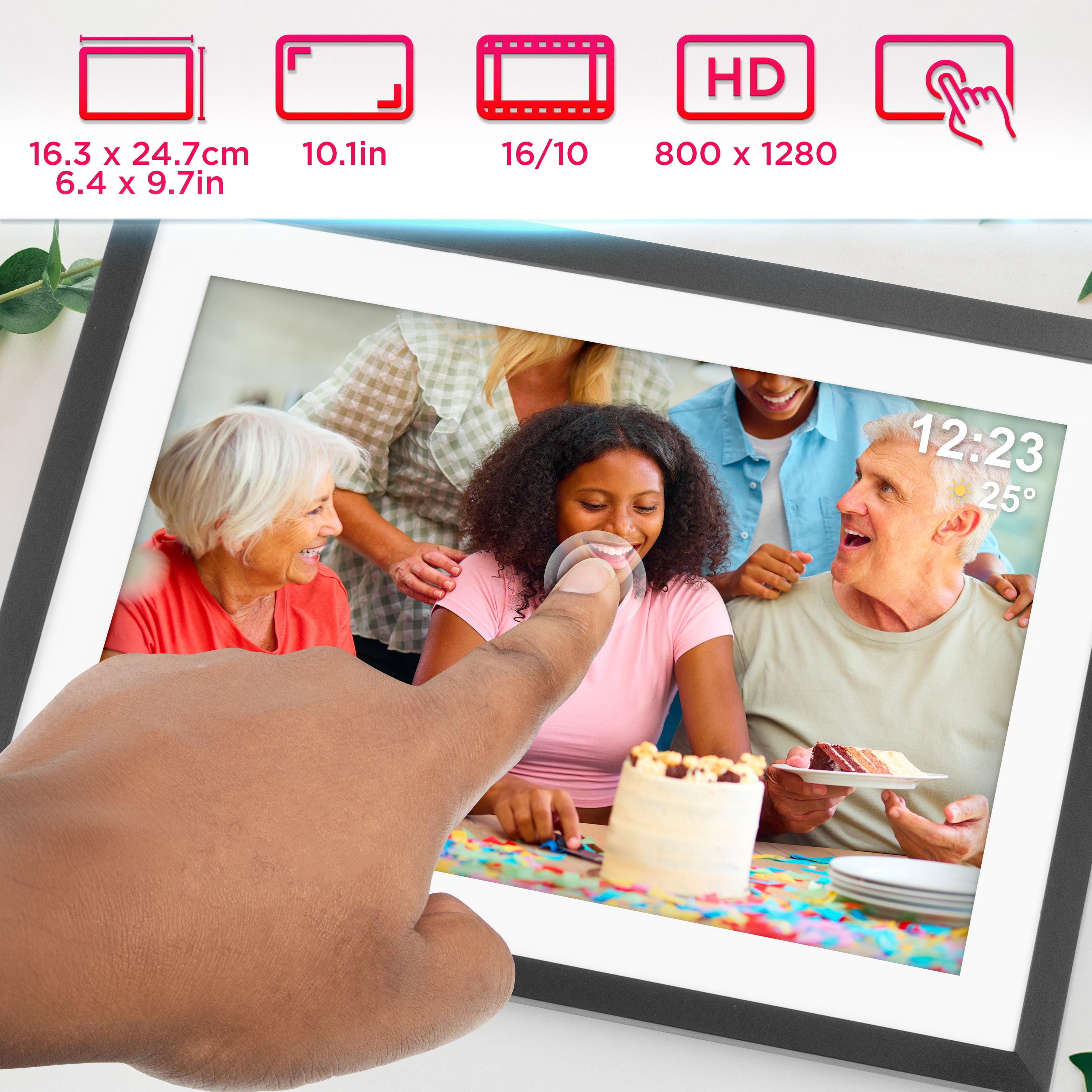 Duronic Digital Photo Frame PF2A BK Frameo 10.1” Electronic Photo Album 800x1200 WiFi Photoframe with Phone App Touchscreen Video Player Black Picture Frame for Birthday Engagement Gifts Family