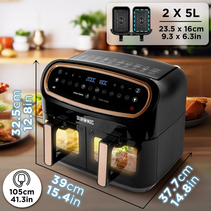 Duronic XXL Digital Air Fryer AF24 BG 10L Family Size Air Fryers Double Drawer 10in1 Dual Zone Extra Large AirFryer with Window for Cooking with Dishwasher Safe Non-Stick Baskets Black & Gold