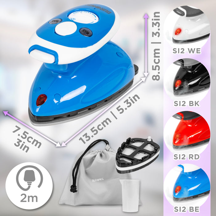 Duronic Travel Iron SI2 BE 375W Mini Irons with Variable Temperature & Auto Shut Off Portable 50ml Blue Steam Iron For Holiday Quilting Crafts Compact Design for Travelling