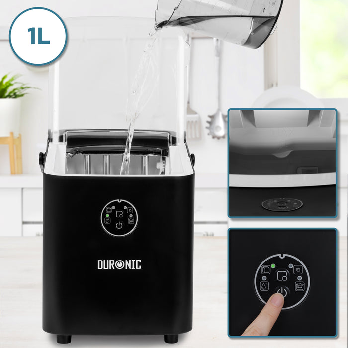 Duronic Countertop Ice Maker Machine ICM12 BK, 8 Cubes in 6 Minutes, Up To 12kg Ice Cubes Daily, 120W Self Cleaning Ice Machine With 1L Tank, Ice Scoop and Basket for Home,Office, Bar