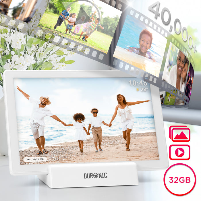 Duronic Digital Photo Frame PF1D WE Frameo 10.1โ Electronic Photo Album 800x1200 WiFi Photoframe Tablet with Phone App Touchscreen Video Player Picture Frame for Birthday Engagement Gifts Family White