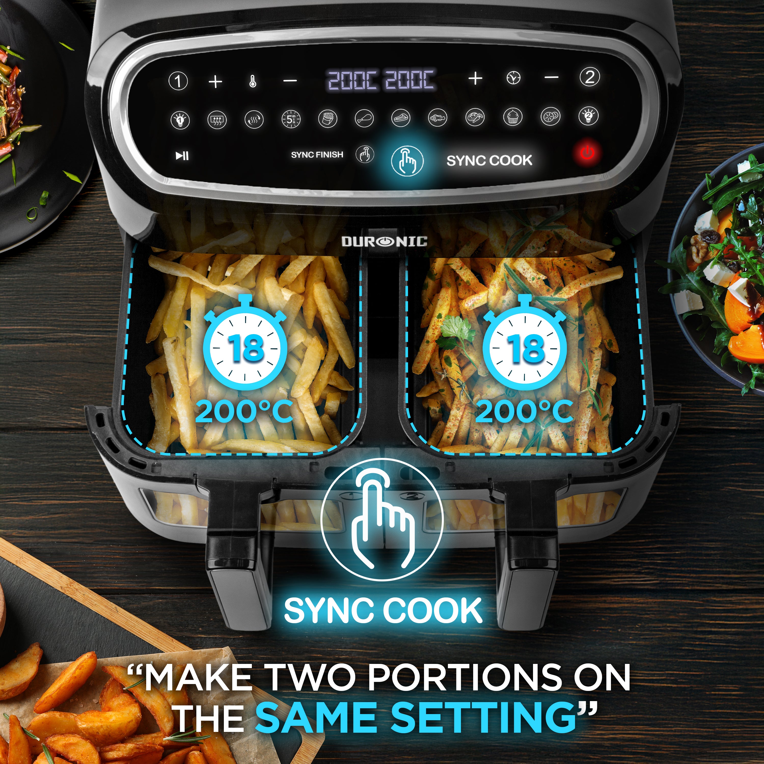 (TWO DRAWER MODEL) Duronic AF24 BK Dual Air Fryer, 10L Large Capacity Digital Air Fryer with Dual Zone Baskets, 10 Cooking Presets, Sync Cook & Finish, 2400W Fast Cooking, Viewing Window, Dishwasher-Safe – Family Size