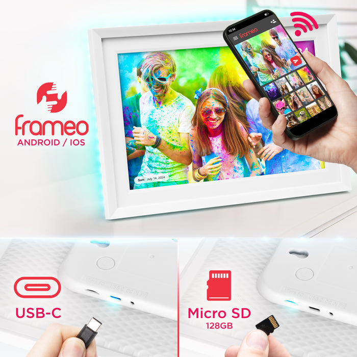Duronic Digital Photo Frame PF2A WE Frameo 10.1” Electronic Photo Album 800x1200 WiFi Photoframe with Phone App Touchscreen Video Player White Picture Frame for Birthday Engagement Gifts Family