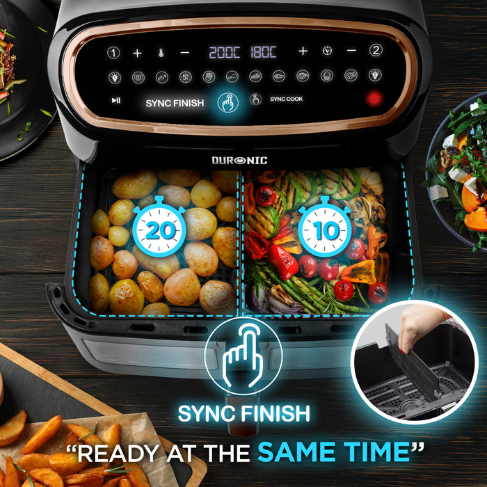 Duronic XXL Digital Air Fryer AF14 BG 10L Family Size Air Fryers Double Drawer 10in1 Dual Zone Extra Large AirFryer with window for Family Cooking with Dishwasher Safe Non-Stick Basket Black & Gold