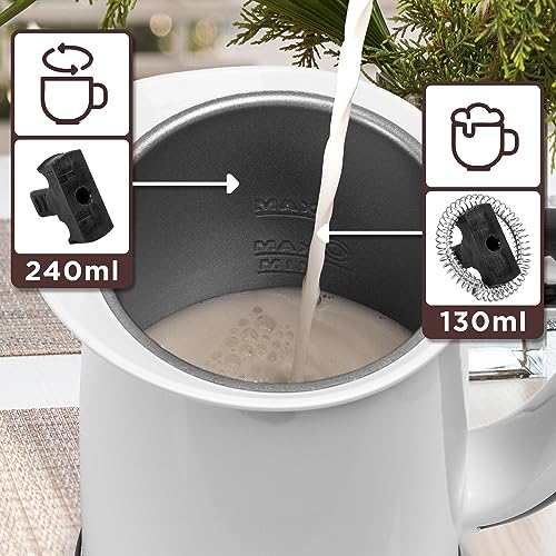 Duronic MF130 Milk Frother - 550W Electric Steamer for Coffee, Hot Chocolate, Cappuccino, Latte - Barista-Style Home Coffee Maker with 130ml/240ml Jug Capacity - White