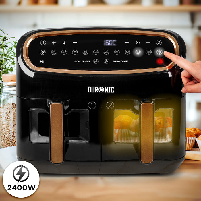 Duronic XXL Digital Air Fryer AF24 BG 10L Family Size Air Fryers Double Drawer 10in1 Dual Zone Extra Large AirFryer with Window for Cooking with Dishwasher Safe Non-Stick Baskets Black & Gold