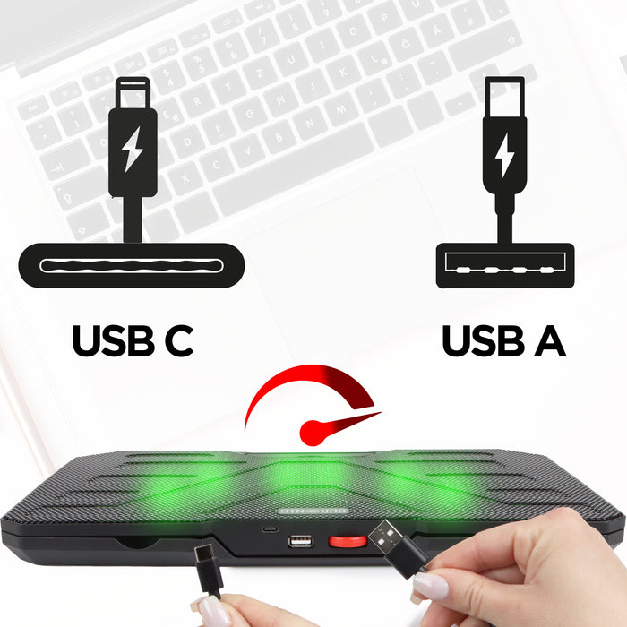Duronic Laptop Cooling Pad LC3, Ergonomic Cooler Stand for 14"-17.3" Laptops, Adjustable 1400 RPM Fan Speed, 6 Height Levels, LED Lights, Lightweight and Sleek Design for Work, Study, and Gaming