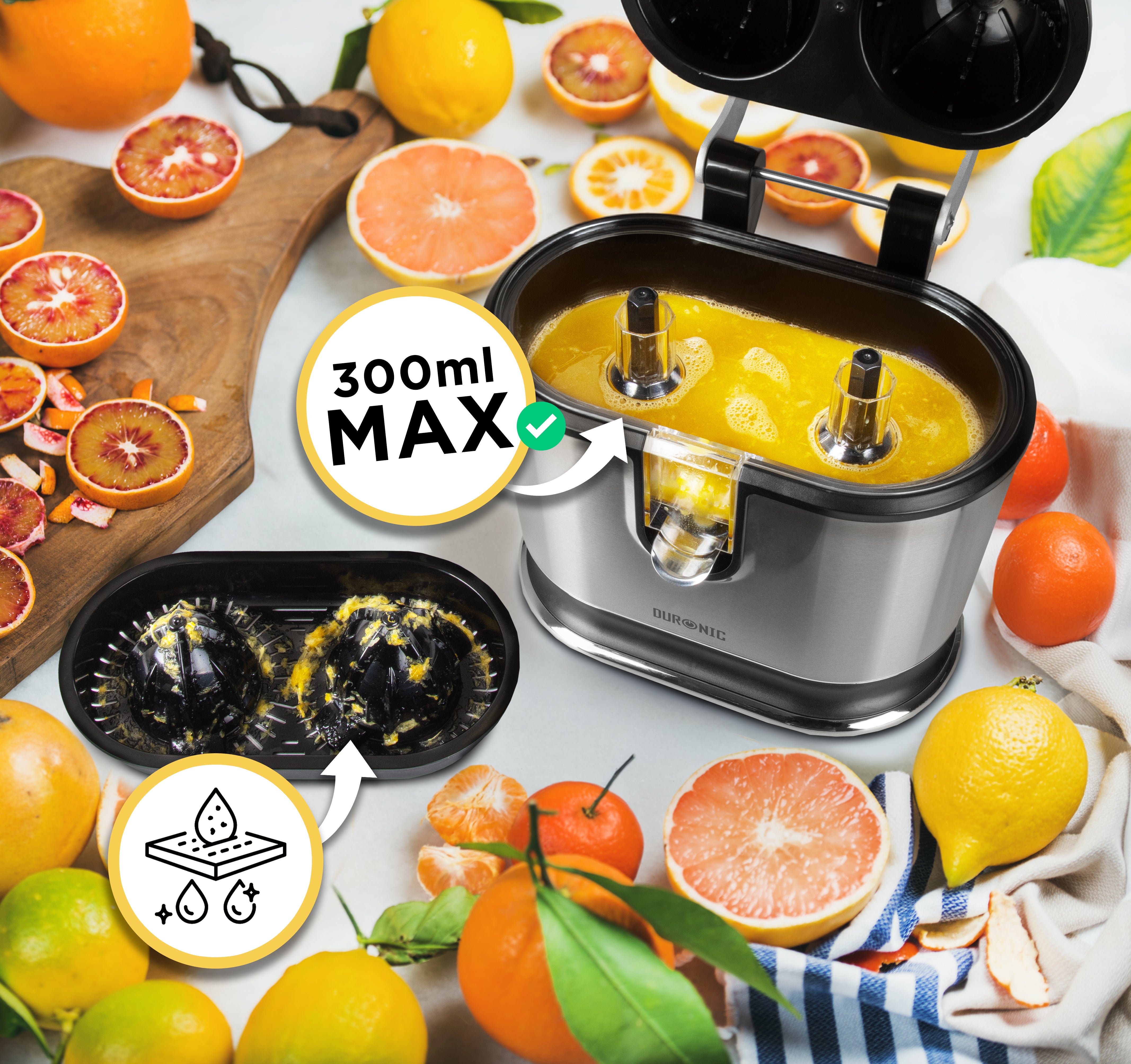 Duronic JE812 Electric Citrus Juicer, 105W Twin Lemon Juice Squeezer, Dual Orange Press Juicer with Large and Small Cones, Large Citrus Press for Extracting Lemon Juice, Limes and Grapefruit