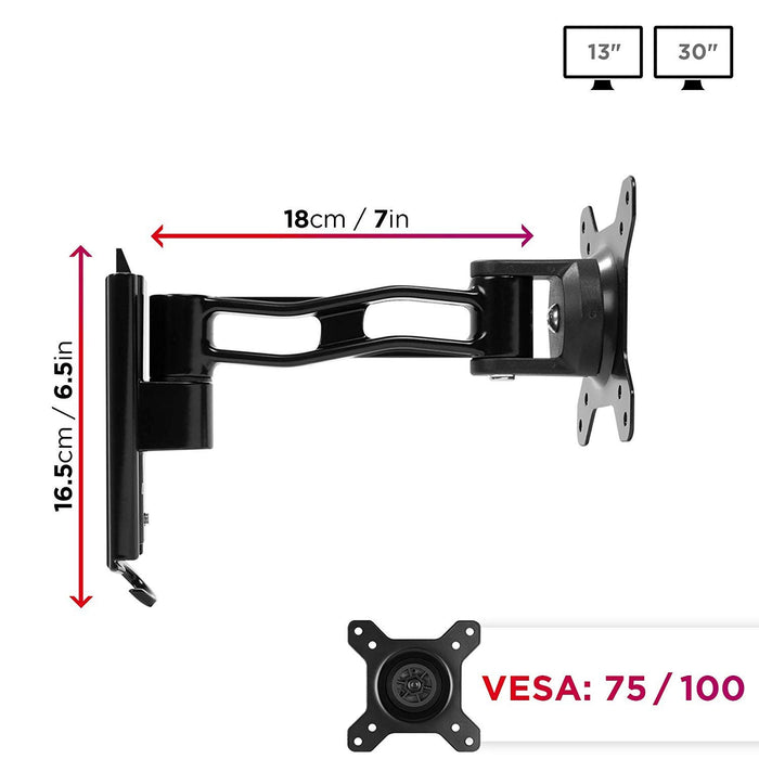 Duronic Monitor Arm Wall Mount DM35W1X2 | Bracket for Single PC Computer Screen | Aluminium | For One 13”-30” LED LCD TV Television | VESA 75/100 Fixing | Tilt +15°/-15°, Swivel 180°, Rotate 360°