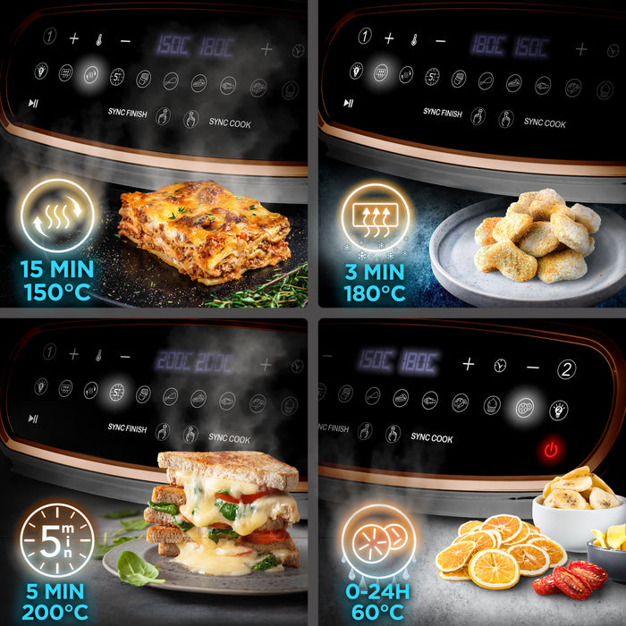 Duronic XXL Digital Air Fryer AF24 BG 10L Family Size Air Fryers Double Drawer 10in1 Dual Zone Extra Large AirFryer with Window for Cooking with Dishwasher Safe Non-Stick Baskets Black & Gold