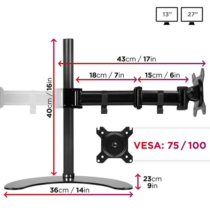 Duronic Dual Monitor Arm Stand Desk Mount DM25D2, For Two 13-27 Inch LED LCD PC Computer or TV Screens, Freestanding Double Bracket, Tilt Swivel Rotate - Black