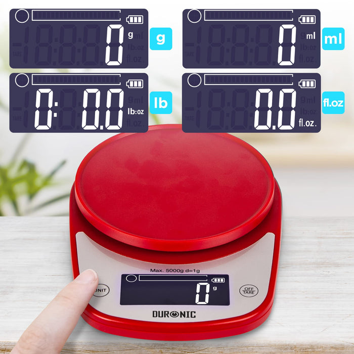Duronic Digital Kitchen Scales With Bowl KS5000 RD/SS - Large Display Electronic Scale with 5kg Capacity, 1g Precision, and 2.5L Bowl - Ideal for Wet and Dry Food, Baking, Pet Food