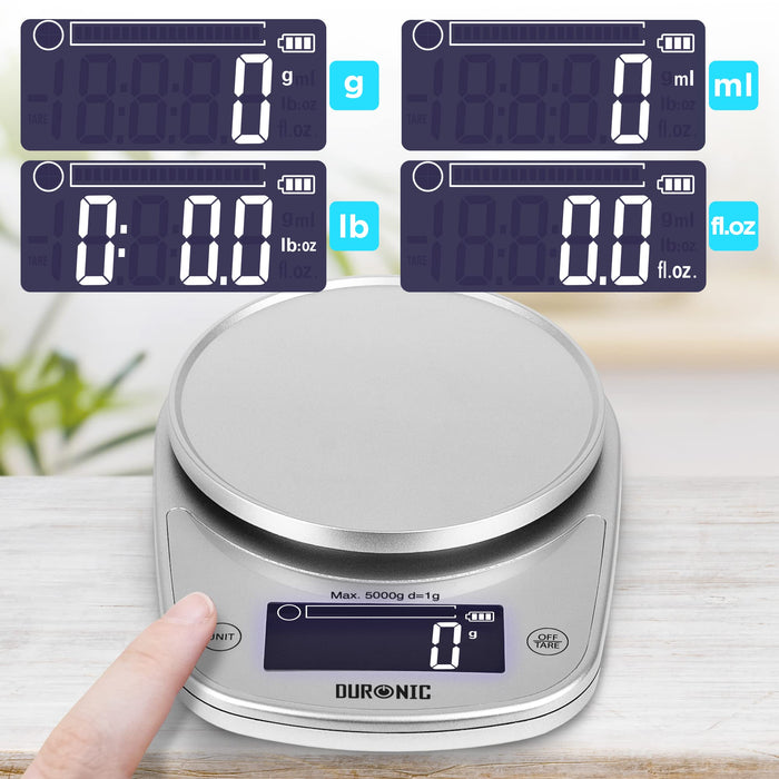 Duronic Digital Kitchen Scales KS5000 SR/SS - Large Display Electronic Scale with 5kg Capacity, 1g Precision, and 2.5L Bowl - Ideal for Wet and Dry Food, Baking, Pet Food - Multi-Use: Postal Letters