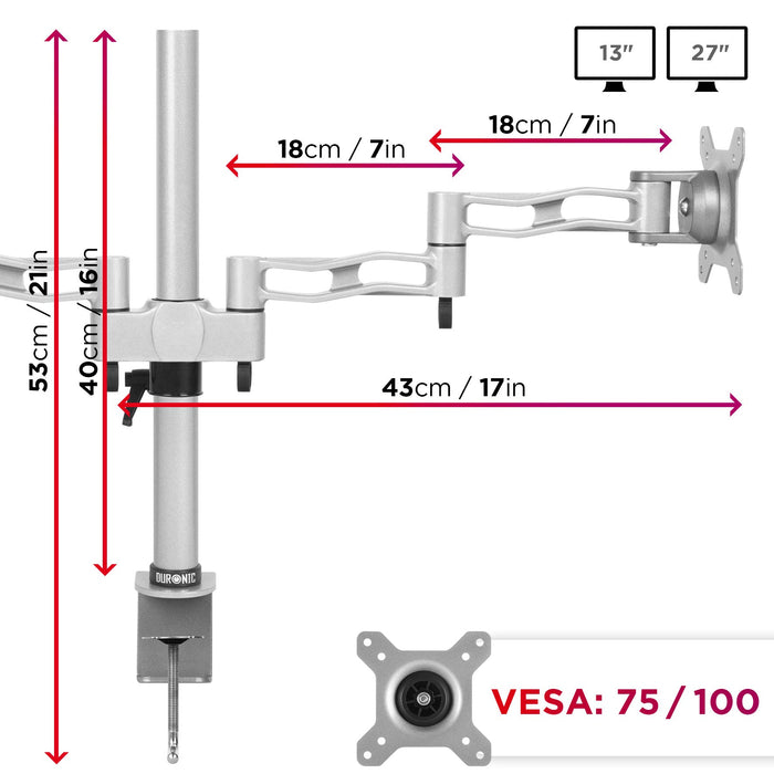 Duronic Dual Monitor Arm Stand DM352 SR, Double PC Desk Mount, Aluminium, Adjustable, For Two 13-27 LED LCD Screens, 8kg Capacity, Tilt +15°/-15°,Swivel 180°,Rotate 360° - SILVER