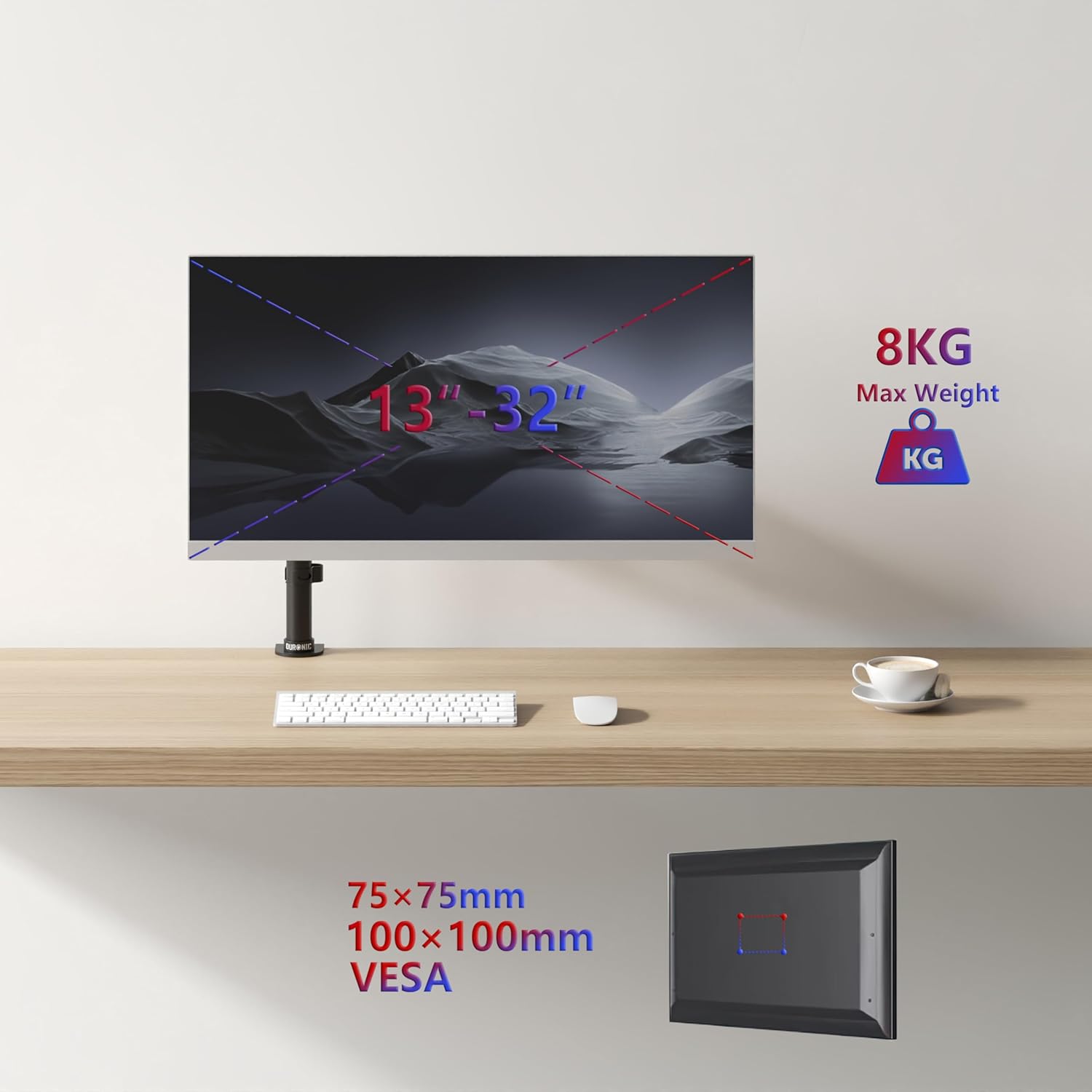 Duronic Single Monitor Arm DM151X2 Height Adjustable Monitor Stand Riser Clamp for 13”-32” PC screens Monitor Desk Mounts with VESA 75/100 Monitor Mount with 8kg capacity Monitor Stand for Desk Gaming