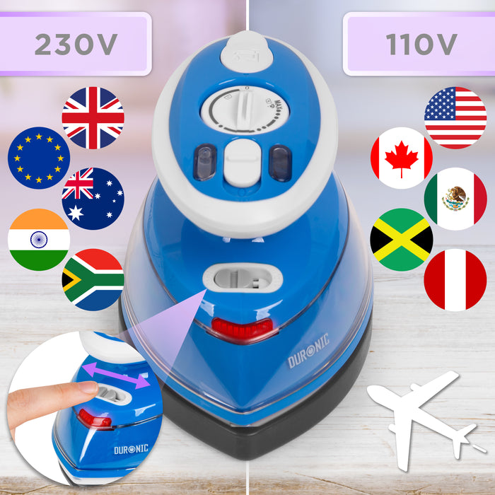 Duronic Travel Iron SI3 BE 400W Mini Irons with Dual Voltage, Variable Temperature & Auto Shut Off Portable 35ml Blue Steam Iron for Holiday Quilting Crafts Compact Design for Travelling