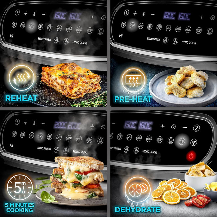 Duronic XXL Digital Air Fryer AF14 WG 10L Family Size Air Fryers Double Drawer 10in1 Dual Zone Extra Large AirFryer with window for Cooking with Dishwasher Safe Non-Stick Basket White Gold
