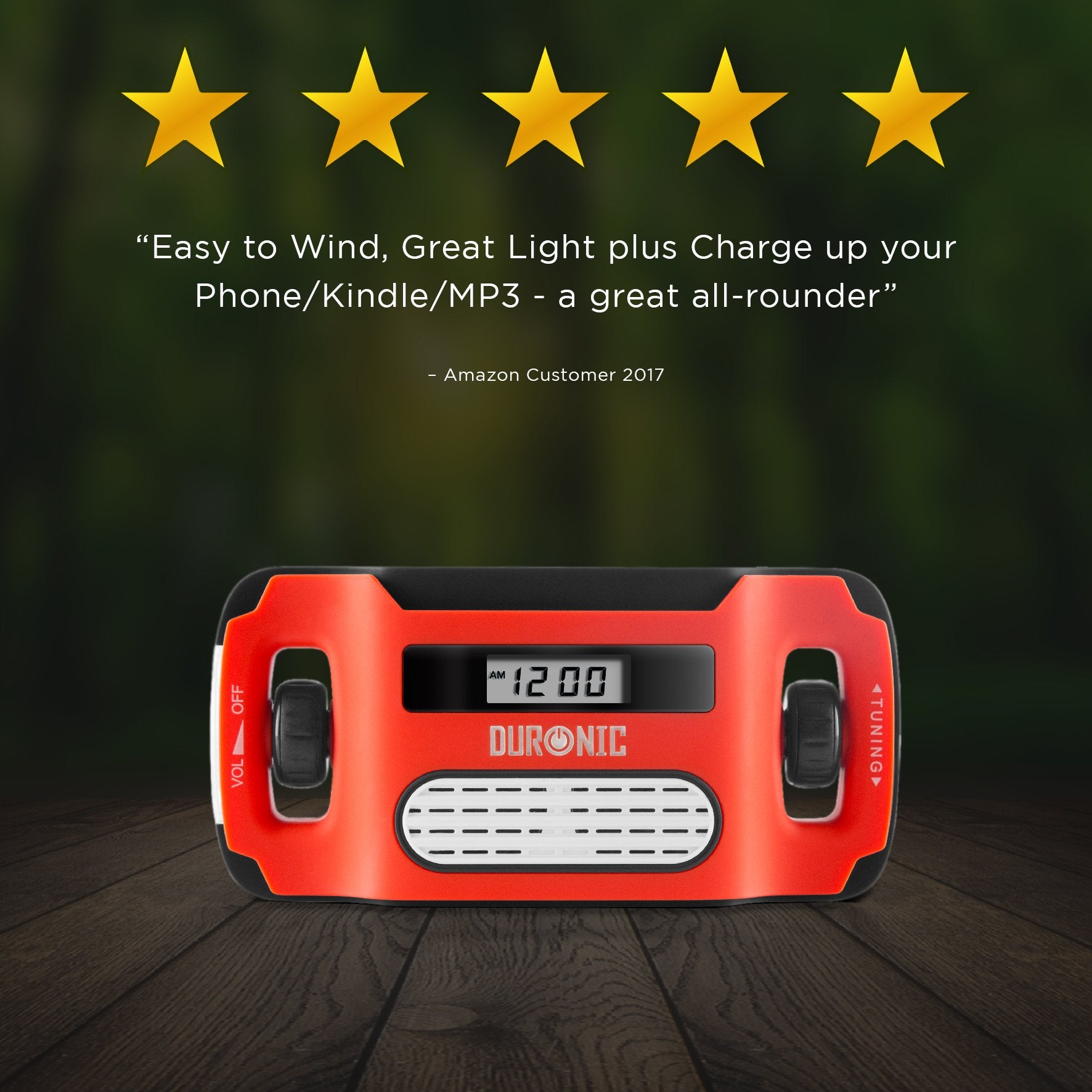 Duronic Wind Up Solar Powered Flashlight Radio Apex, Rechargeable Portable AM FM Radio with Torch, Three Charging Methods, Battery Free, Solar Panels, Adjustable Antenna for Camping and Hiking