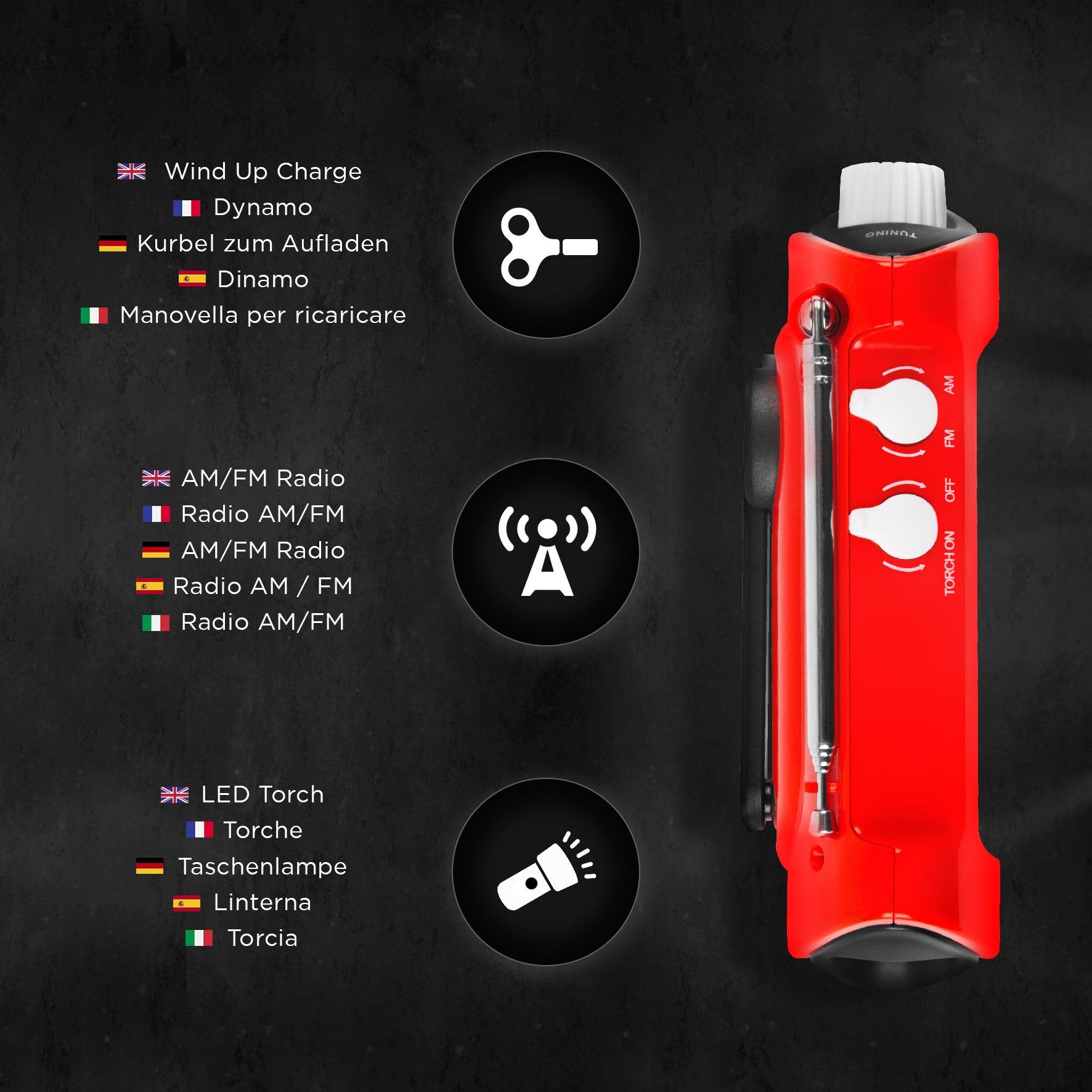 Duronic AM/FM Radio ECOHAND | LED Torch | Wind-Up Charging | Dynamo Crank Rechargeable | Headphone Jack | Integrated Flashlight | Portable | For Emergency Use | Camping, Hiking, Fishing