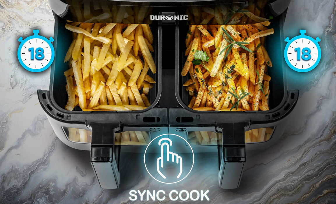 Duronic AFD2 BK double drawers sync cook fries at the same time in AF24 BK dual drawer air fryer