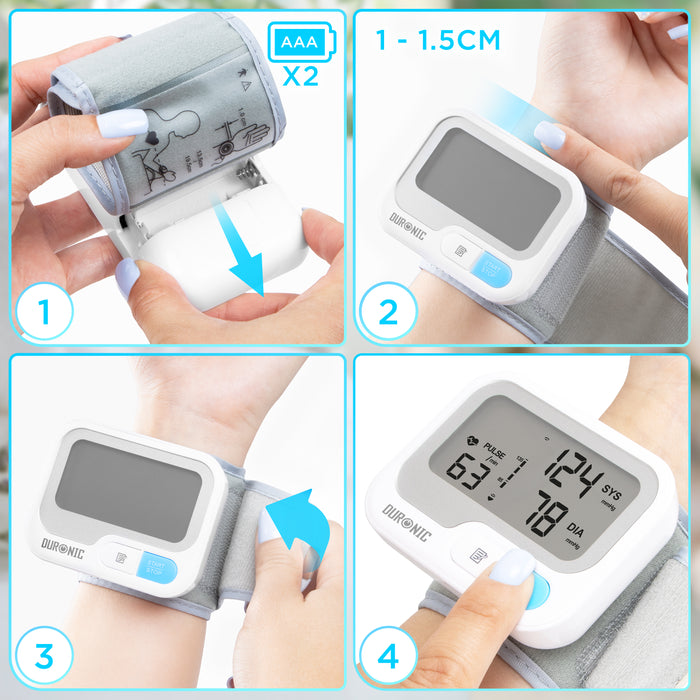 Duronic BPM65 wrist blood pressure machine showing how to attach and use