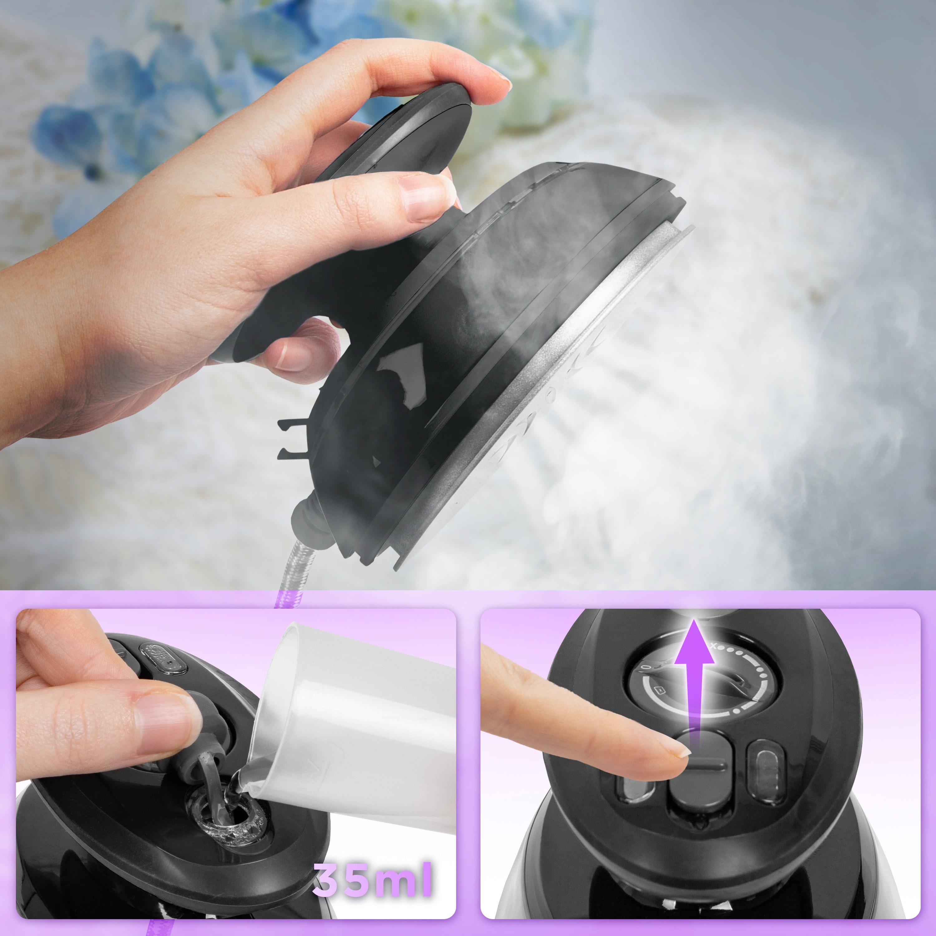 Duronic Black Travel Iron being filled with 35ml of water and demonstrating its steam-burst function.