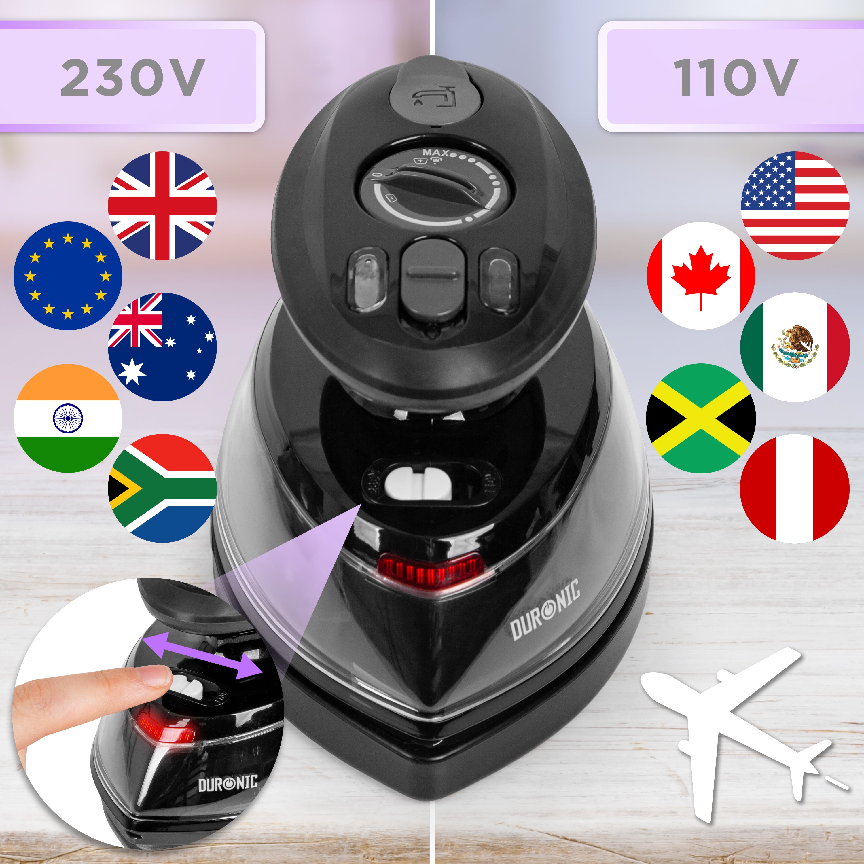 Duronic Black Travel Iron showing its dual-voltage switch, labeled for 230V and 110V use with corresponding international flags.
