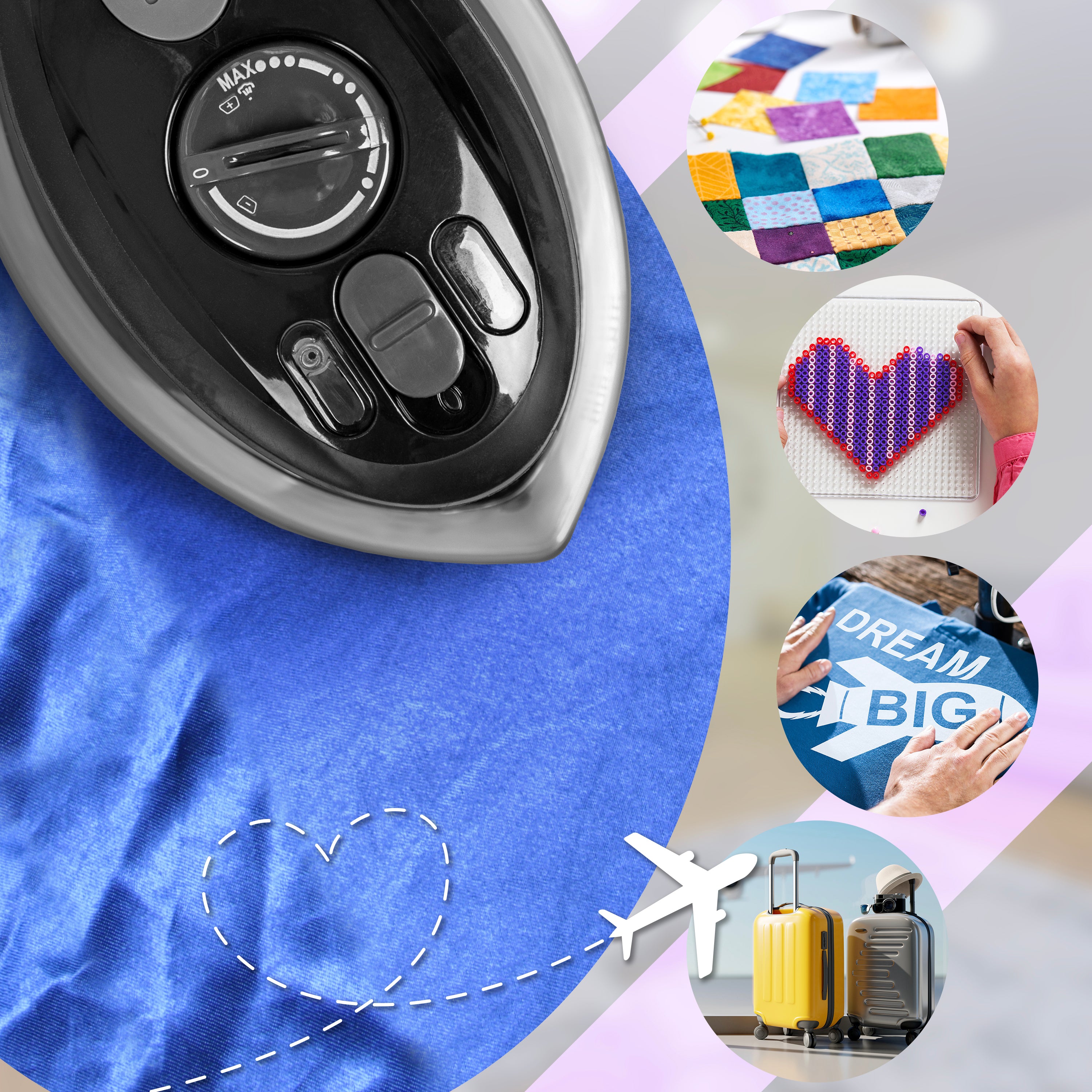 Duronic Black Travel Iron shown alongside lifestyle circles featuring quilting, bead crafts, iron-on transfers, and travel luggage to highlight its versatility for crafting and travel.