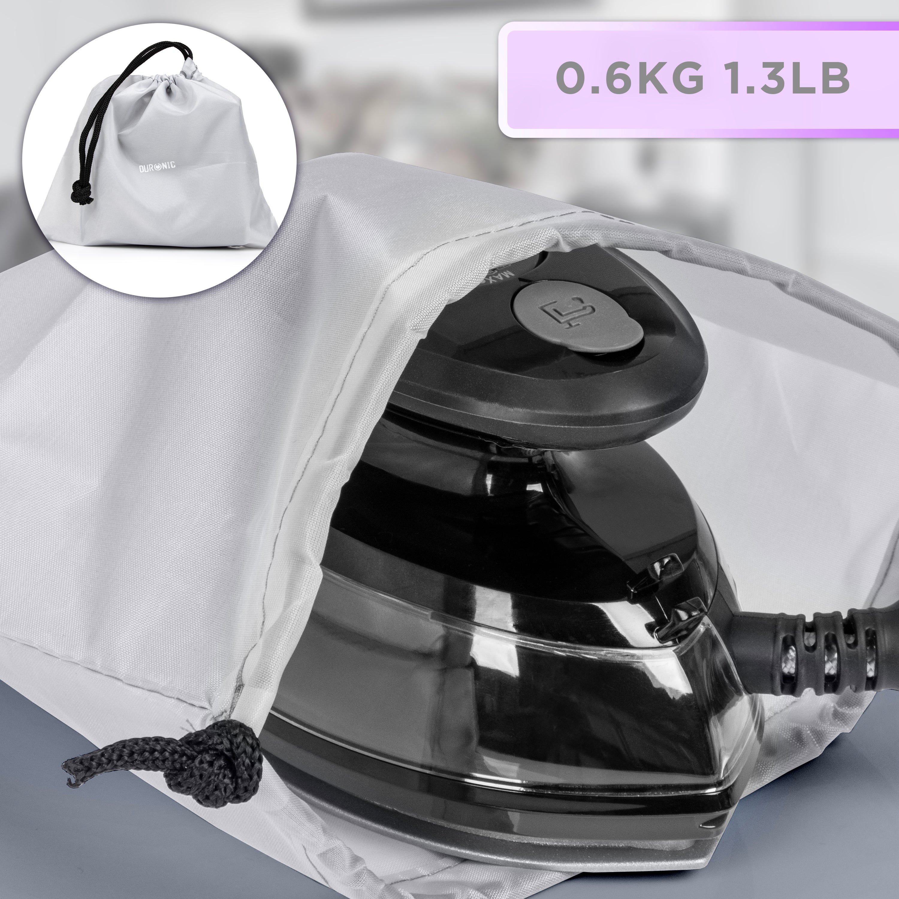 Duronic Black Travel Iron weighing 1.3 lbs is shown being tucked into its gray drawstring storage bag.