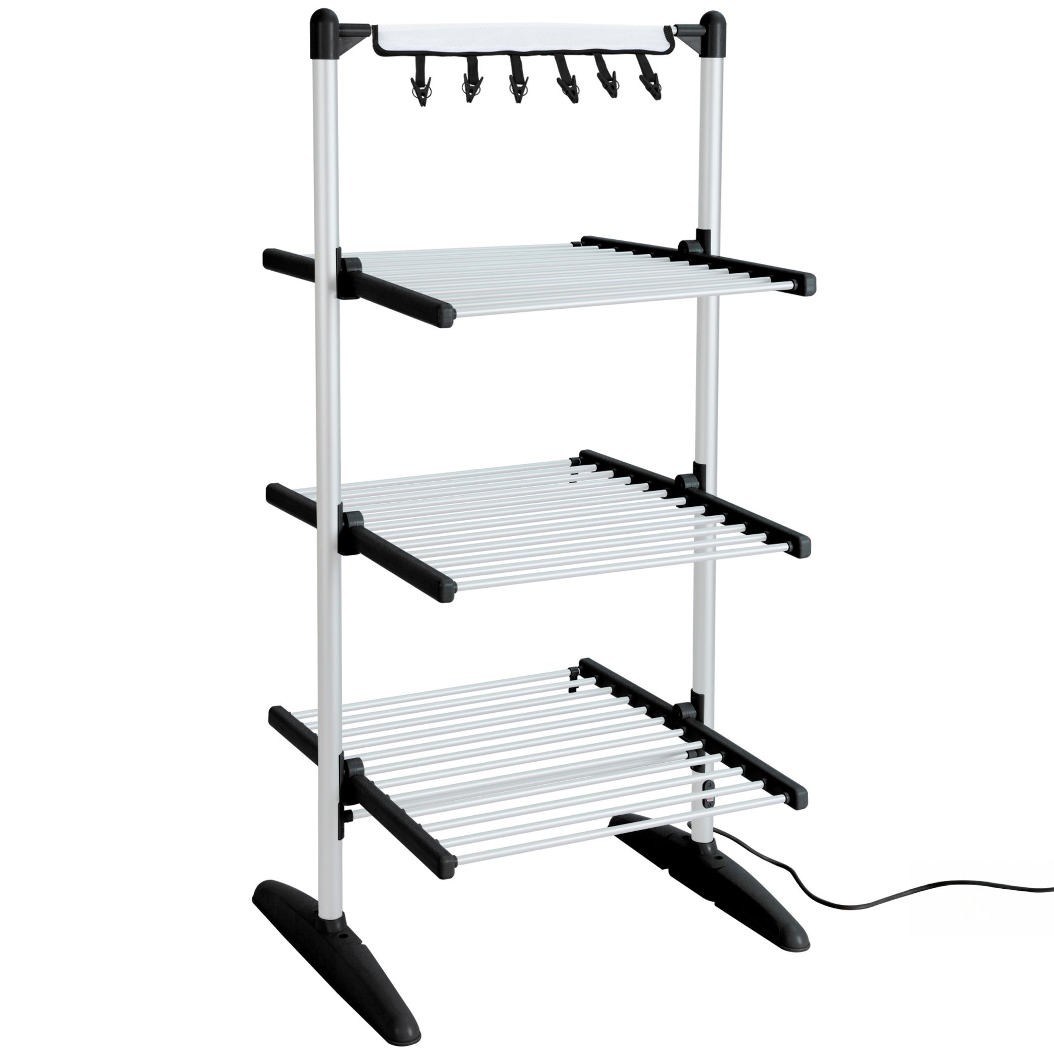 Duronic CA30 BK Electric Clothes Airer drying rack featuring a silver aluminum frame, foldable drying shelves, and a top hanging rail with clips for smaller items.