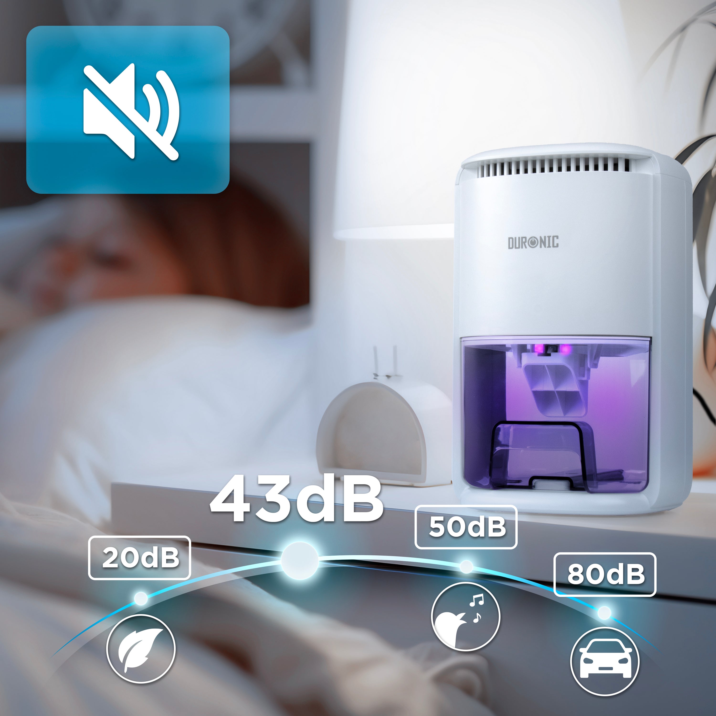 Duronic DH07 WE bedroom dehumidifier with 43dB so it can be used while you're asleep